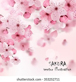 Beautiful print with blossoming dark and light pink sakura flowers and title vector illustration