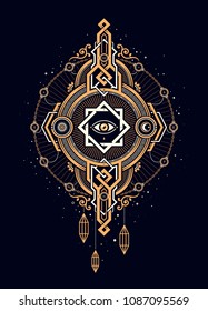 Beautiful print in esoteric style. Round golden artifact with one big eye. Alchemy, space, spirituality, mysticism, freemasonry, astrology.