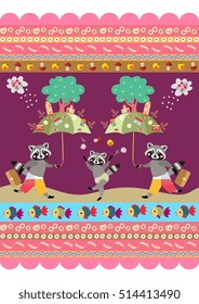 Beautiful print for fabric with cute raccoons and ornamental border - 4. Endless vector pattern.