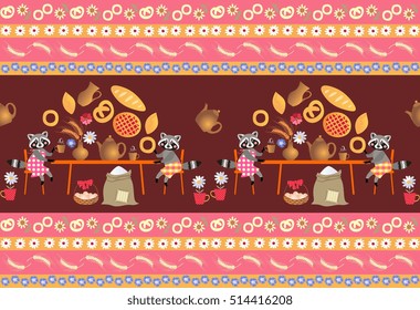 Beautiful print for fabric with cute raccoons and ornamental border - 2. Seamless  vector pattern.