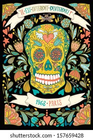 Beautiful print "Floral lace skull" with cute background, graphic elements, flowers and ribbons.