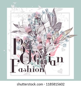 Beautiful print with flowers ideal for T-shirts or greeting save the date cards. Bohemian fashion