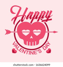 A beautiful print on the theme of the holiday Valentine's Day. Heart in the form of a skull with an arrow. Pink background. Text.
