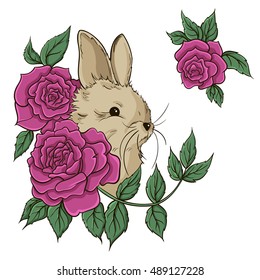 Beautiful print of rabbit and roses. Hand drawn vector illustration. Greeting card.