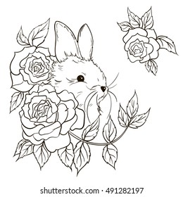 Beautiful print of rabbit and roses. Hand drawn vector illustration. Coloring book page for kids and adults.
