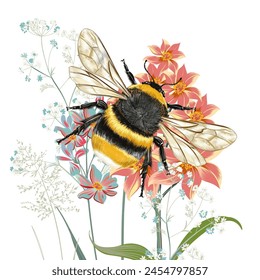 Beautiful print with realistic vector bumblebee and field plants