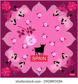 Beautiful print for a scarf with girls dancing flamenco, a black bull - an unofficial symbol of Spain and falling roses on a pink background. Spanish motives.