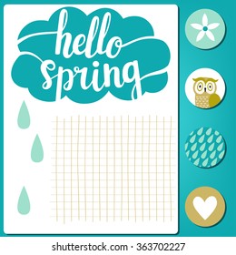Beautiful printable journaling card and stickers with lettering, cloud, owl, flower and heart. Notebook page with text "Hello spring". Cute spring background.