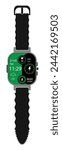 A Beautiful Professional Digital Wrist Watch Vector Illustration. Modern Wrist Watch Green Screen In Grey Dial With Curved Straps In Black Colour. Digital Wrist Watch In Black on White Background.