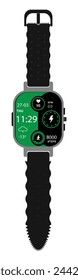 A Beautiful Professional Digital Wrist Watch Vector Illustration. Modern Wrist Watch Green Screen In Grey Dial With Curved Straps In Black Colour. Digital Wrist Watch In Black on White Background.