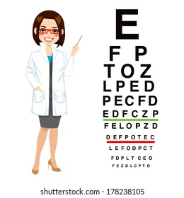 Beautiful professional female optician pointing to snellen chart isolated on white background