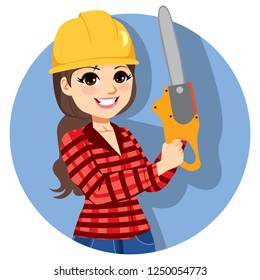 Beautiful professional young brunette female lumberjack with chainsaw