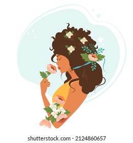 Beautiful profile of a dark-skinned woman with long hair and flowers. Vector illustration.