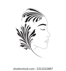 Beautiful profile of a girl with closed eyes and leaves. Modern silhouette of a woman. The design is suitable for decor, tattoo, beauty salon logo, posters, textiles, clothes printing. Isolated vector