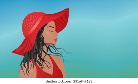 Beautiful profile of woman in big red hat. Dimension 16:9. Vector illustration.