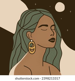 Beautiful profile of a woman with earring and green hair. Vector illustration with grain texture in boho style.