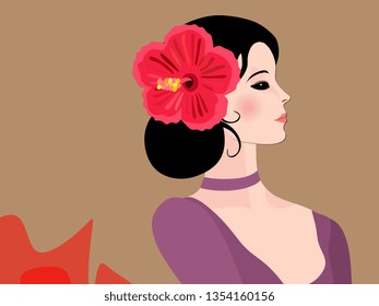 Beautiful profile woman face close up. Flamenco dancer. Business card.