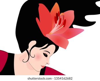 Beautiful profile woman face close up. Lily flower decorated her hair. Flamenco dancer. Business card.