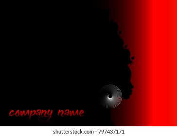 Beautiful profile of a woman silhouette whit earring. Beauty Logo Template. Vector Company Name on black and red background