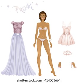 Beautiful Prom Party Dress Up Female Paper Doll, Ready For Cut Out And Play. Vector Illustration.