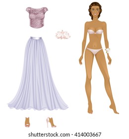 Beautiful Prom Party dress up female paper doll, ready for cut out and play. Vector illustration.