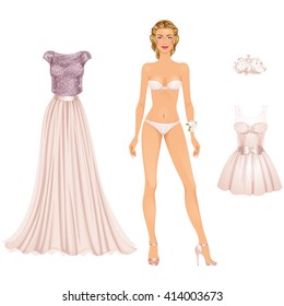 Beautiful Prom Party Dress Up Female Paper Doll, Ready For Cut Out And Play. Vector Illustration.