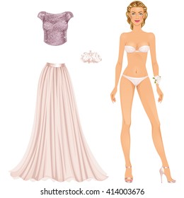 Beautiful Prom Party dress up female paper doll, ready for cut out and play. Vector illustration.