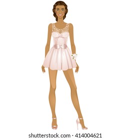 Beautiful Prom Party dress up female paper doll, ready for cut out and play. Vector illustration.