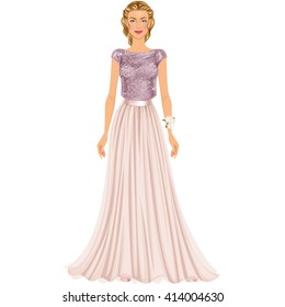 Beautiful Prom Party dress up female paper doll, ready for cut out and play. Vector illustration.