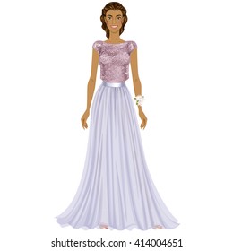 Beautiful Prom Party dress up female paper doll, ready for cut out and play. Vector illustration.