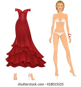 Beautiful Prom Party dress up female paper doll, ready for cut out and play. Vector illustration.