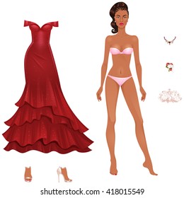 Beautiful Prom Party Dress Up Female Paper Doll, Ready For Cut Out And Play. Vector Illustration.