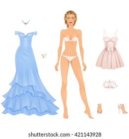 Beautiful Prom Party Dress Up Female Paper Doll, Ready For Cut Out And Play. Vector Illustration.