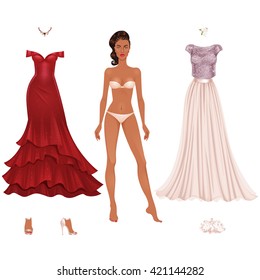 Beautiful Prom Party Dress Up Female Paper Doll, Ready For Cut Out And Play. Vector Illustration.