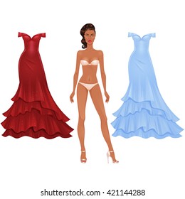 Beautiful Prom Party dress up female paper doll, ready for cut out and play. Vector illustration.