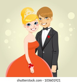 Beautiful Prom Queen in red formal dress and handsome King in tuxedo