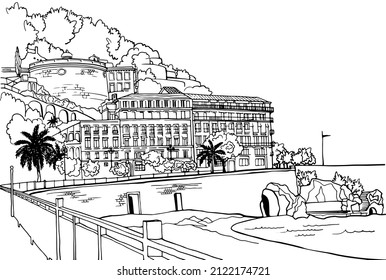 Beautiful Promenade in Nice in hand drawn sketch style. Nice, Provence, France. Vector illustration. Line Art. Nice European city. Black and white urban landscape on white background. Without people.