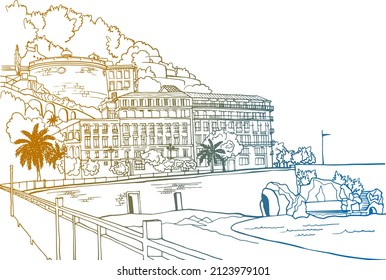 Beautiful Promenade in Nice in hand drawn sketch style. Nice, Provence, France. Vector illustration. Line Art. Nice European city. Colorful urban landscape on white background. Without people.