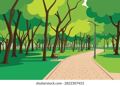 Beautiful public park vector landscape with paved walkway, wooden benches, street lamps, and green trees