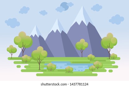 Beautiful public park in winter season with falling snow, Vector illustration