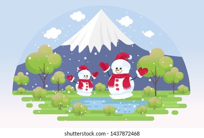 Beautiful public park in winter season with falling snow, Vector illustration