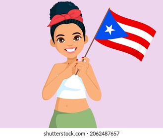 Beautiful Puerto Rican woman waving Puerto Rico Flag indicating with pointing finger hand gesture