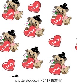 Beautiful pug dog with a heart and a daisy for Valentine's Day seamless pattern background. Vector illustration for Valentine's Day and birthday