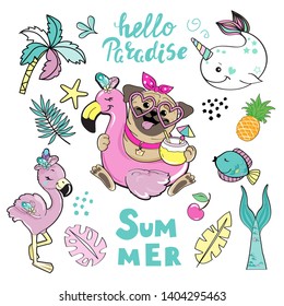 Beautiful pug dog on inflatable flamingo and collection of fashion stickers on white background