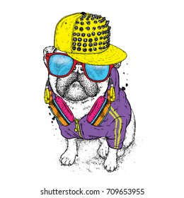 Beautiful pug in a jacket, a cap with spikes and headphones. Vector illustration for a postcard or a poster, print for clothes. Dog hipster in clothes. Fashion & Style. Funny puppy.