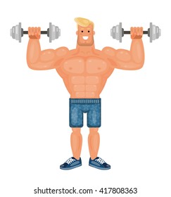 Beautiful pumped up bodybuilder man doing exercises with dumbbells and smiling, flat vector illustration