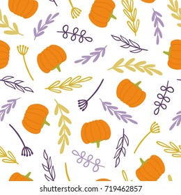 Beautiful pumpkin and branches background. Vector hand drawn seamless pattern.