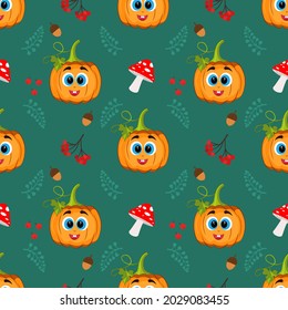 A beautiful pumpkin for Halloween, Thanksgiving day. Vector seamless pattern, cute cartoon handmade pumpkins. Suitable for seasonal textile prints, holiday banners, backgrounds or wallpapers.