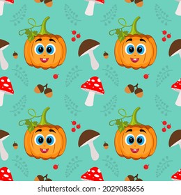 A beautiful pumpkin for Halloween, Thanksgiving day. Vector seamless pattern, cute cartoon handmade pumpkins. Suitable for seasonal textile prints, holiday banners, backgrounds or wallpapers.