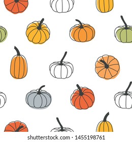 Beautiful pumpkin halloween thanksgiving seamless pattern, cute cartoon pumpkins hand drawn background, great for seasonal textile prints, holiday banners, backdrops or wallpapers - vector surface 